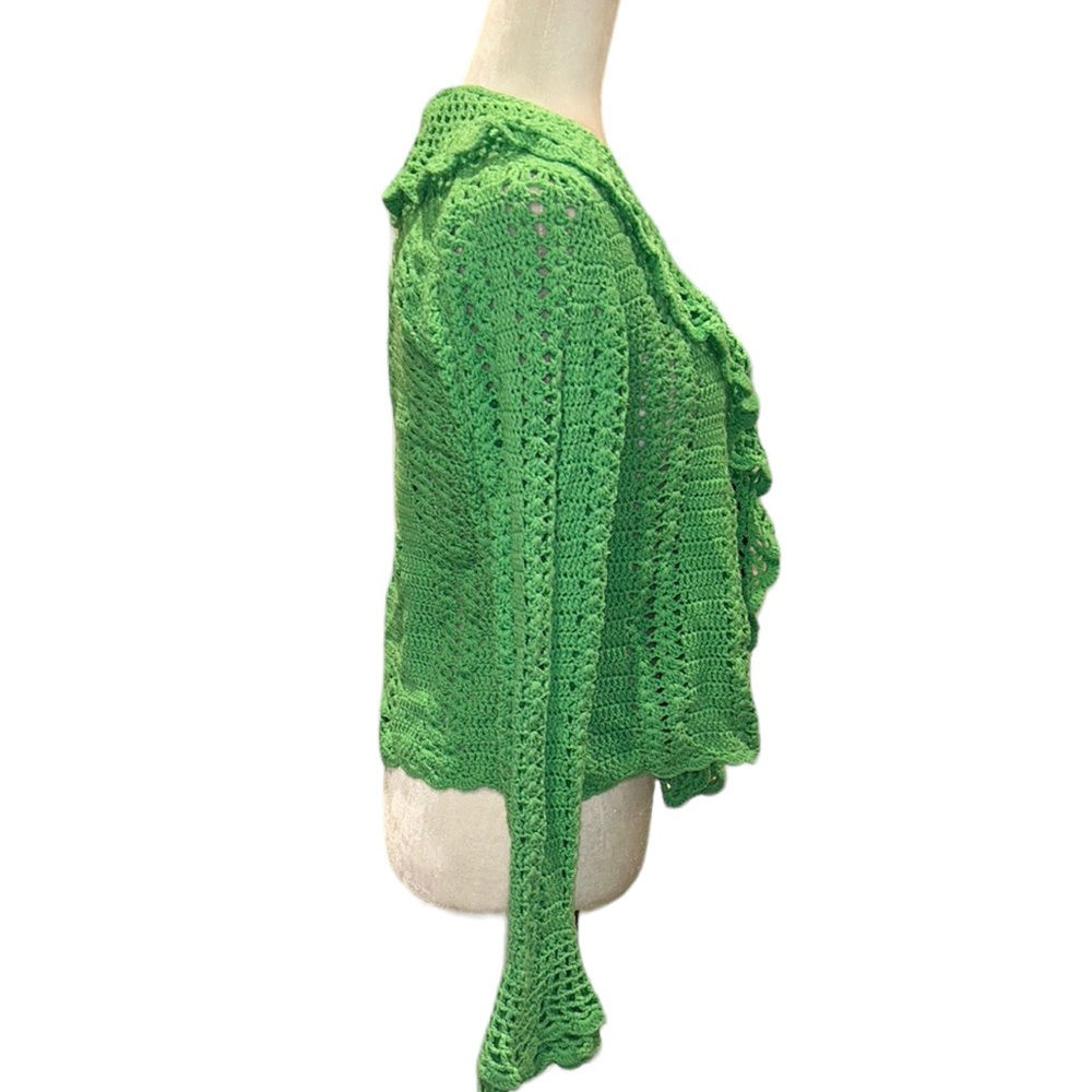 One Girl Who Anthropologie Green Crochet Ruffle Scalloped Draped Cardigan - M - Picture 5 of 12